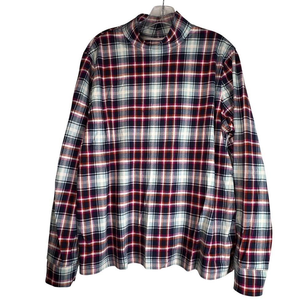 Lands End Womens XL 18 Tartan Mock Neck Plaid Cotton Long Sleeve Top Navy Red